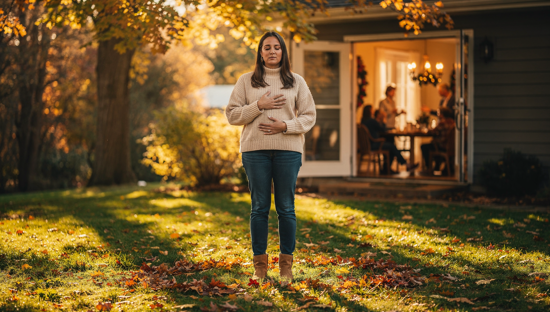 Woman practicing grounding and self-care by stepping outside during family holiday gathering.