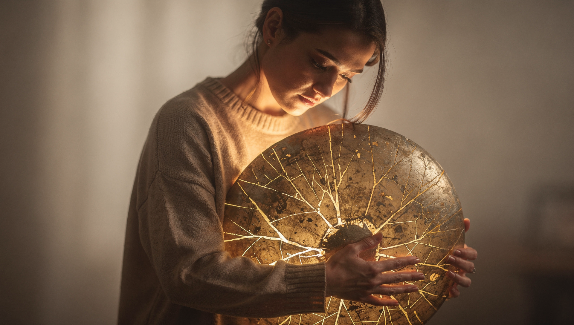 Symbolic artwork of a person holding a protective shield as soft golden light begins to break through cracks in the surface.