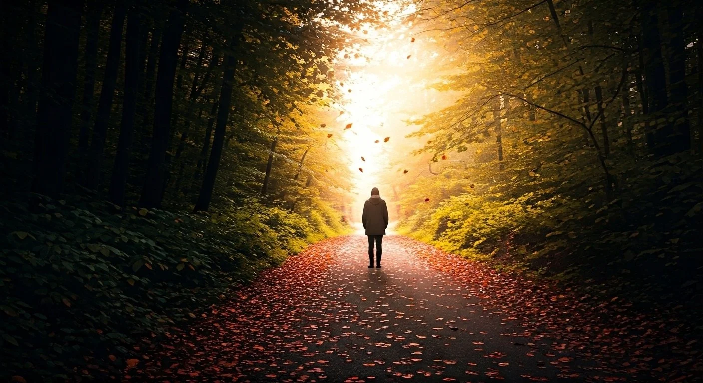 A contemplative person stands at the edge of a forest path at dawn, symbolizing the emotional transition from survival to healing.