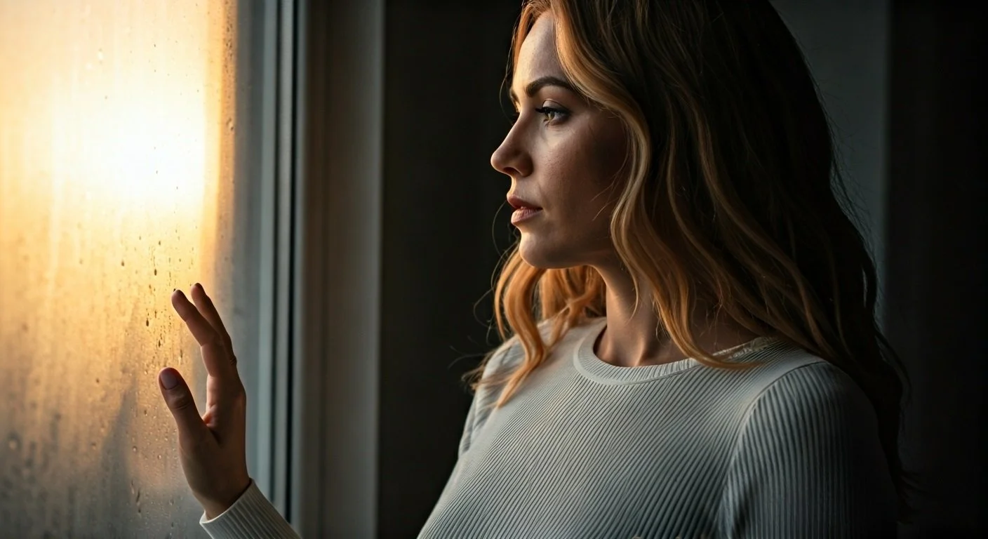 Woman in warm light looking out a foggy window, symbolizing emotional reflection and healing.