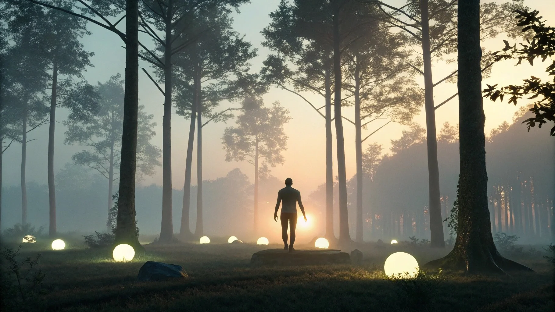 Silhouette of a person standing on a stone in a misty forest illuminated by glowing orbs at sunrise, symbolizing stepping into healing, personal growth, and finding light in the shadows.
