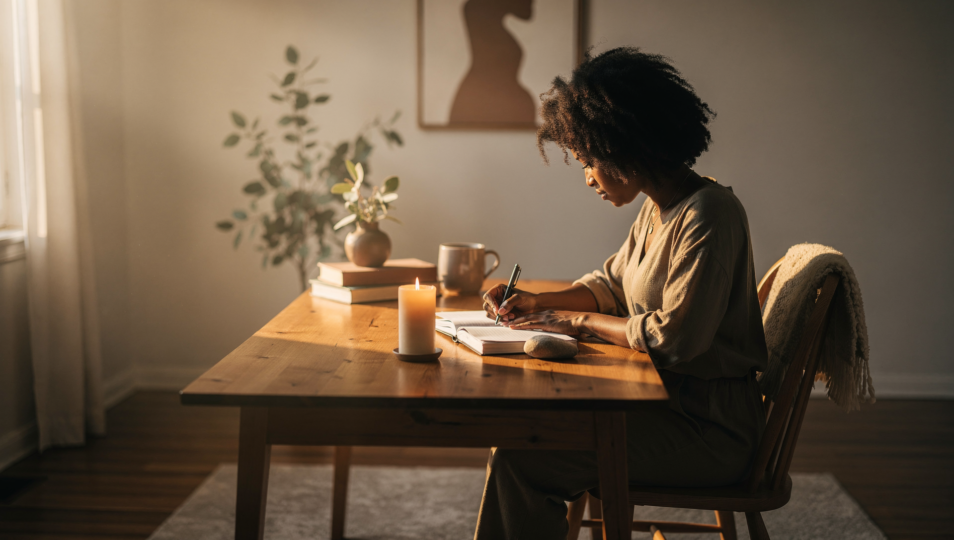A Black woman journaling beside a lit candle in a softly lit, therapy-inspired space.