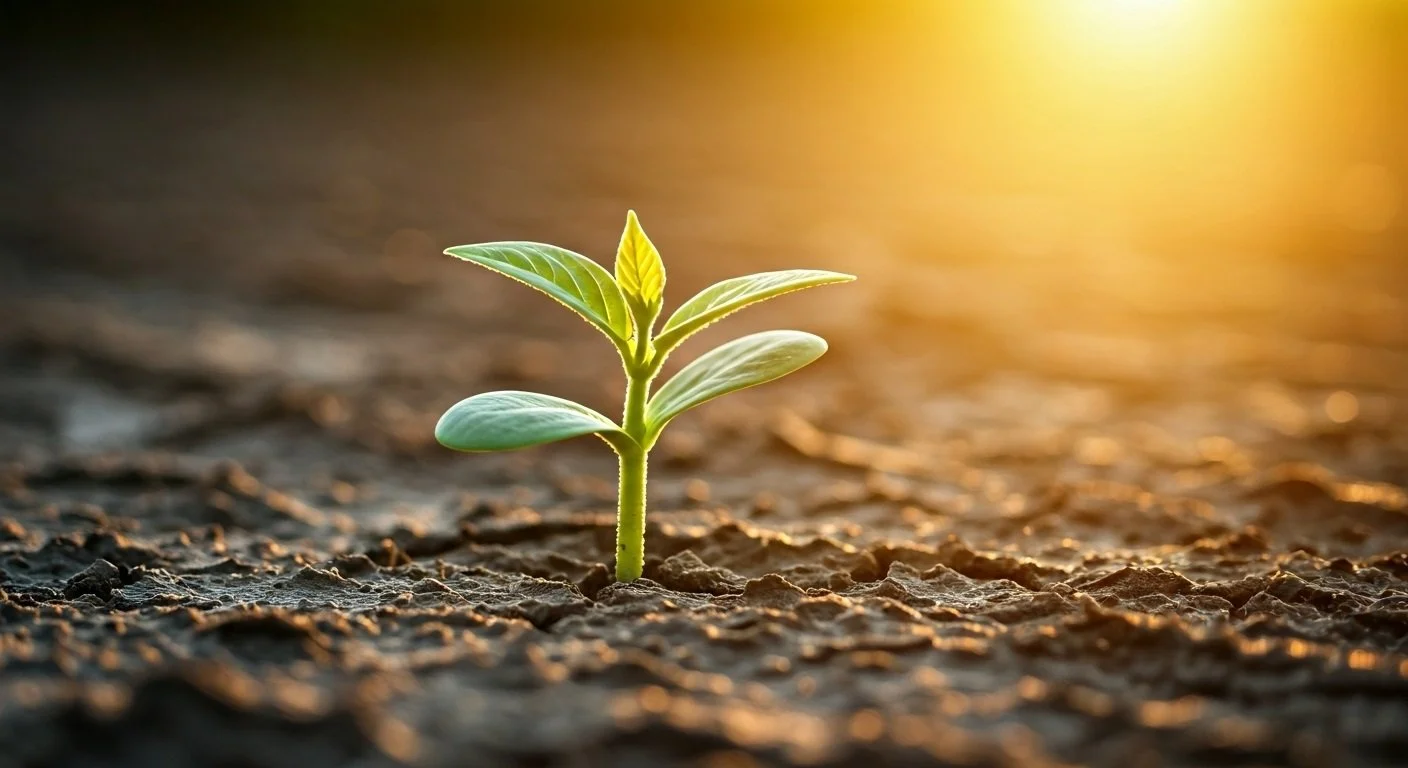 A small green sprout emerging from cracked soil at sunrise. Soft golden light touches the ground, highlighting contrast between broken earth and new life.