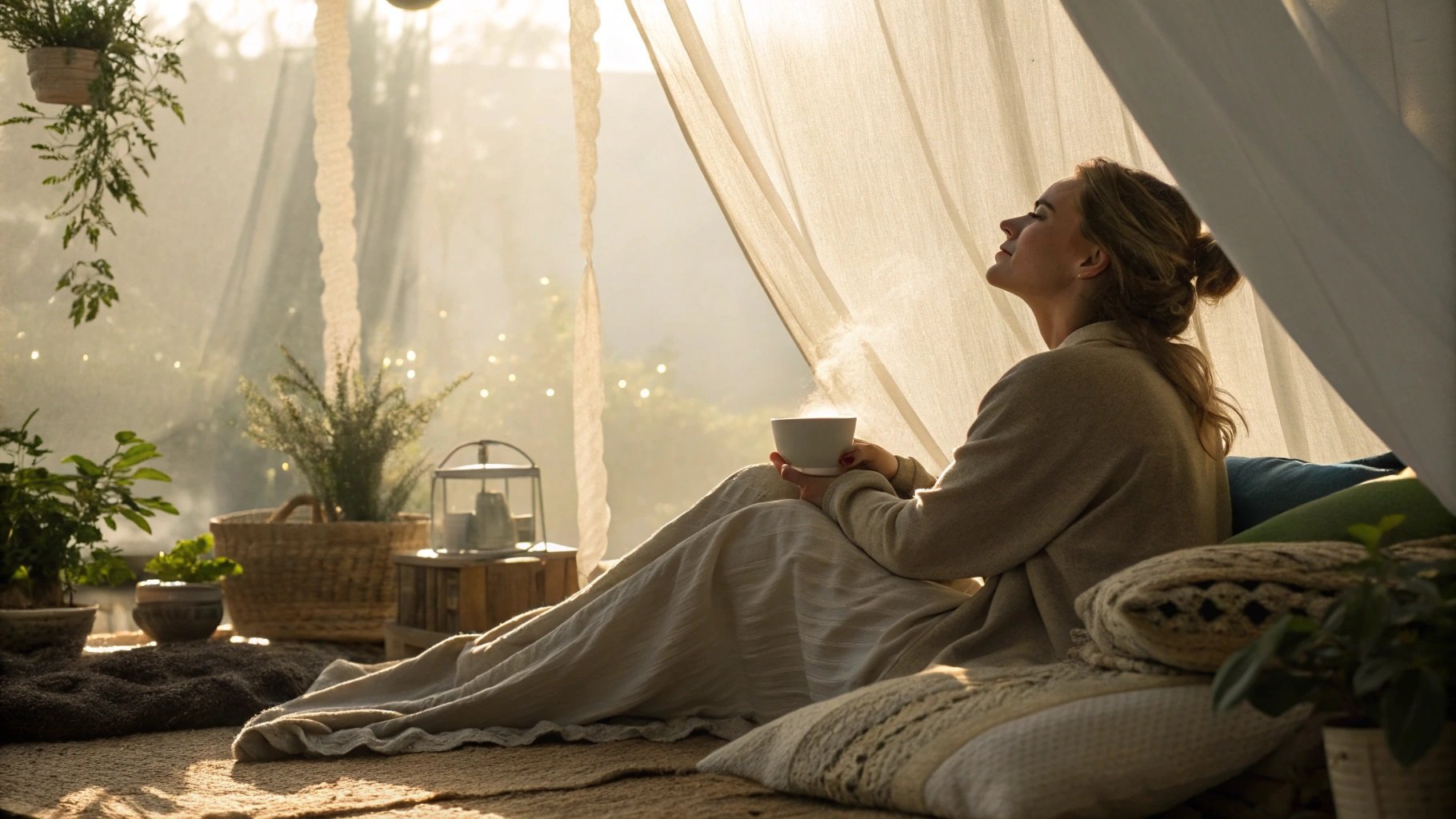 Woman sitting peacefully with a cup of tea in a cozy, sunlit space surrounded by plants, symbolizing calm reflection, nervous system regulation, and emotional safety in therapy.