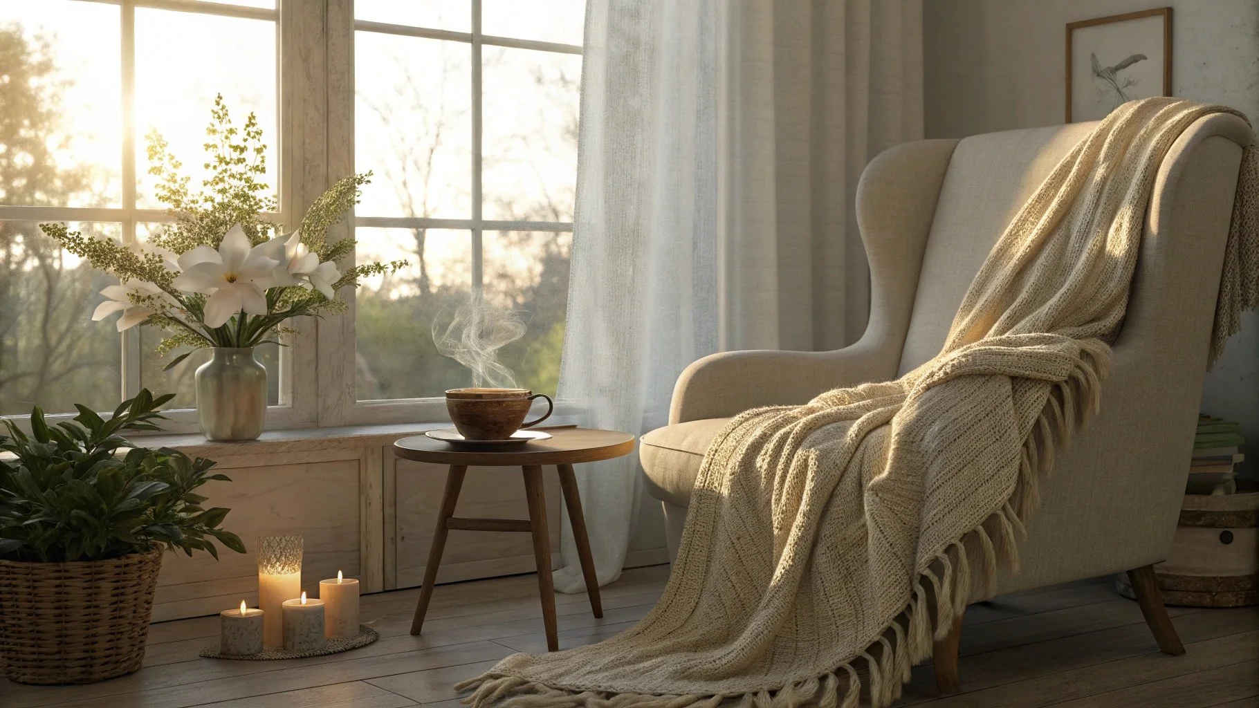 Calming neutral-warm room with sunlight, cozy armchair, and cup of tea, symbolizing safety in stillness and nervous system regulation after trauma.