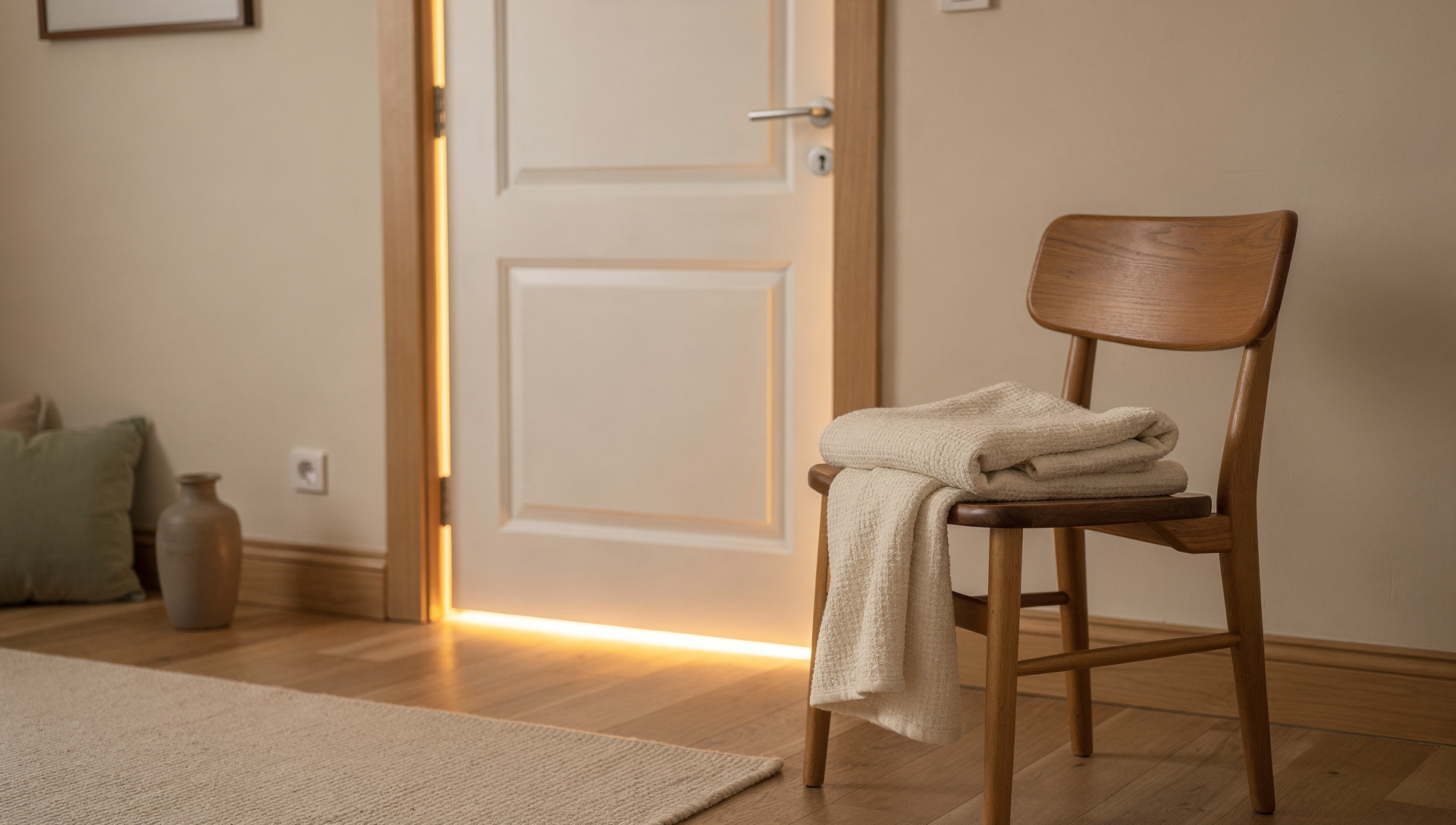 A quiet interior scene with a softly closed door and warm light spilling through the edges. Nearby, a folded blanket or scarf rests on a chair, as if recently set down.