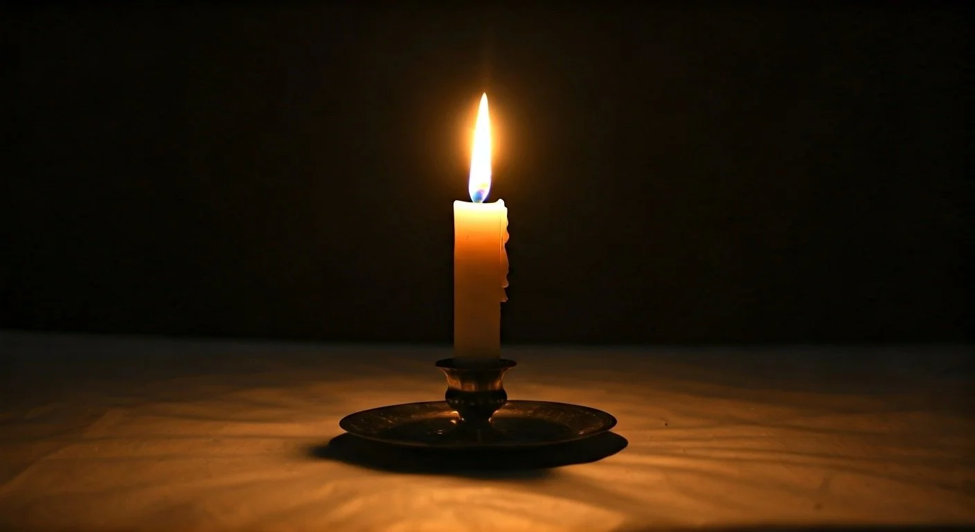A single glowing candle in a dim, quiet space.