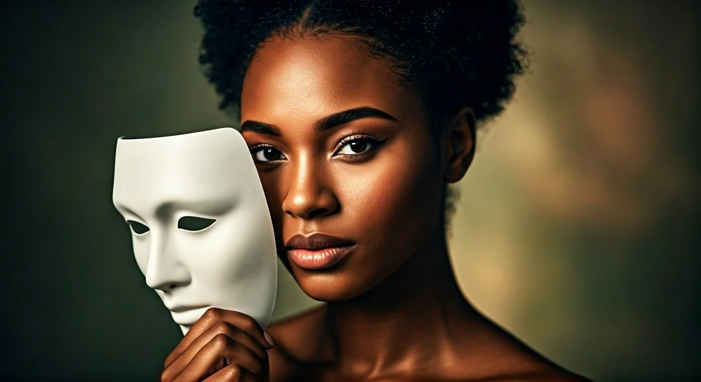 A woman holding a delicate mask lowered beneath her face, not fully removed.