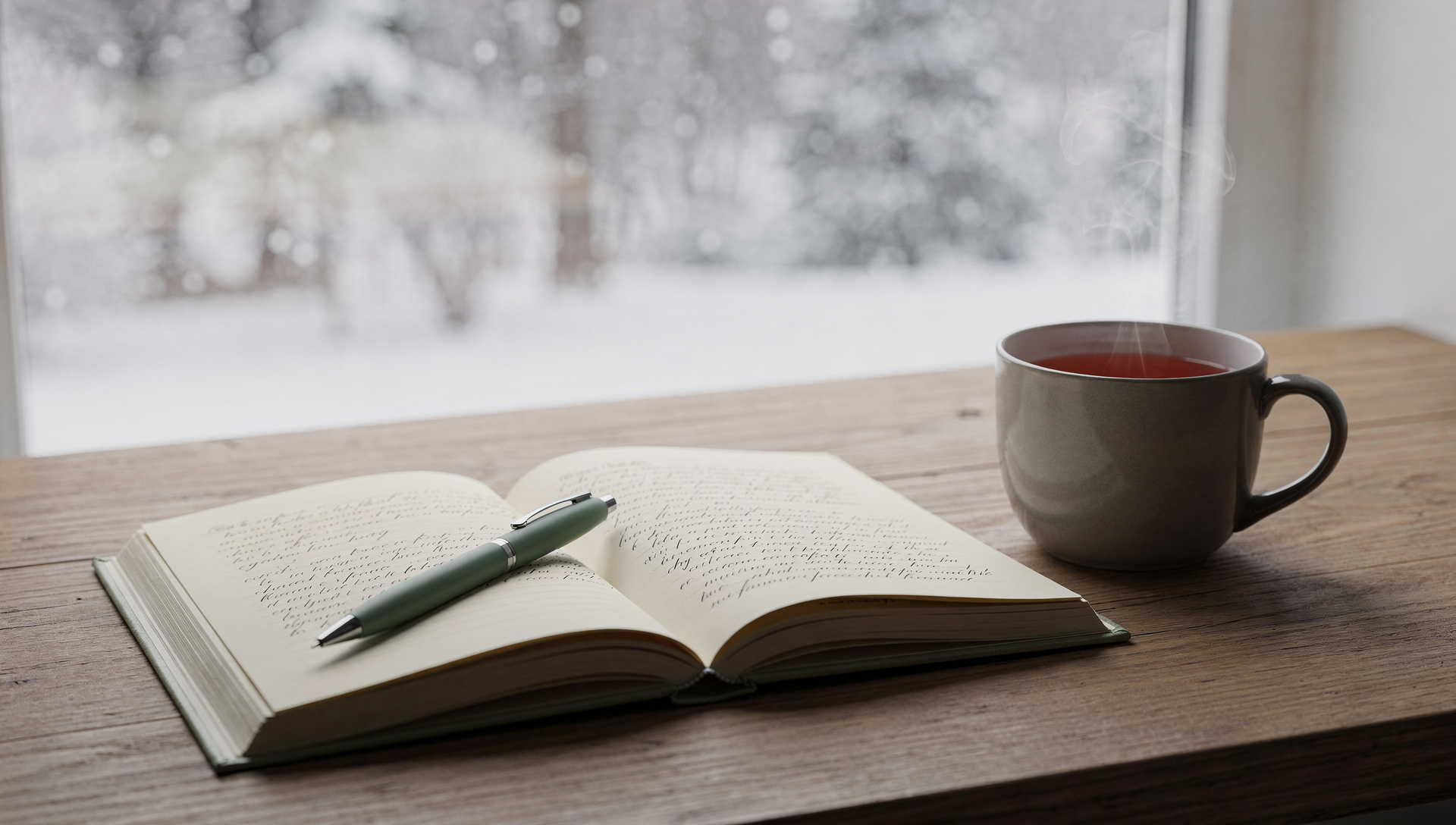 A quiet winter scene near a window with soft natural light. An open journal and warm cup of tea rest on a wooden surface.