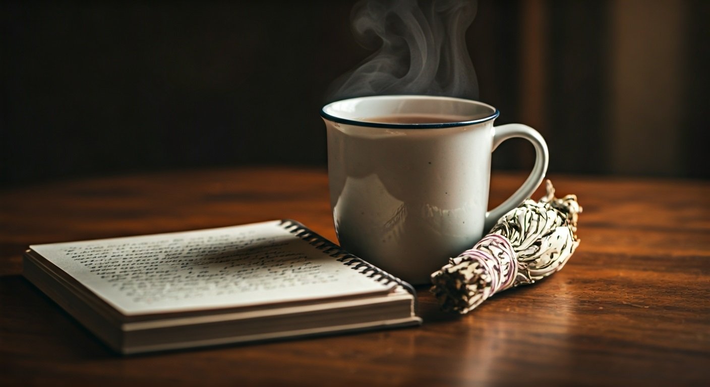 A warm, softly lit scene with a cup of tea beside an open journal on a wooden surface.
