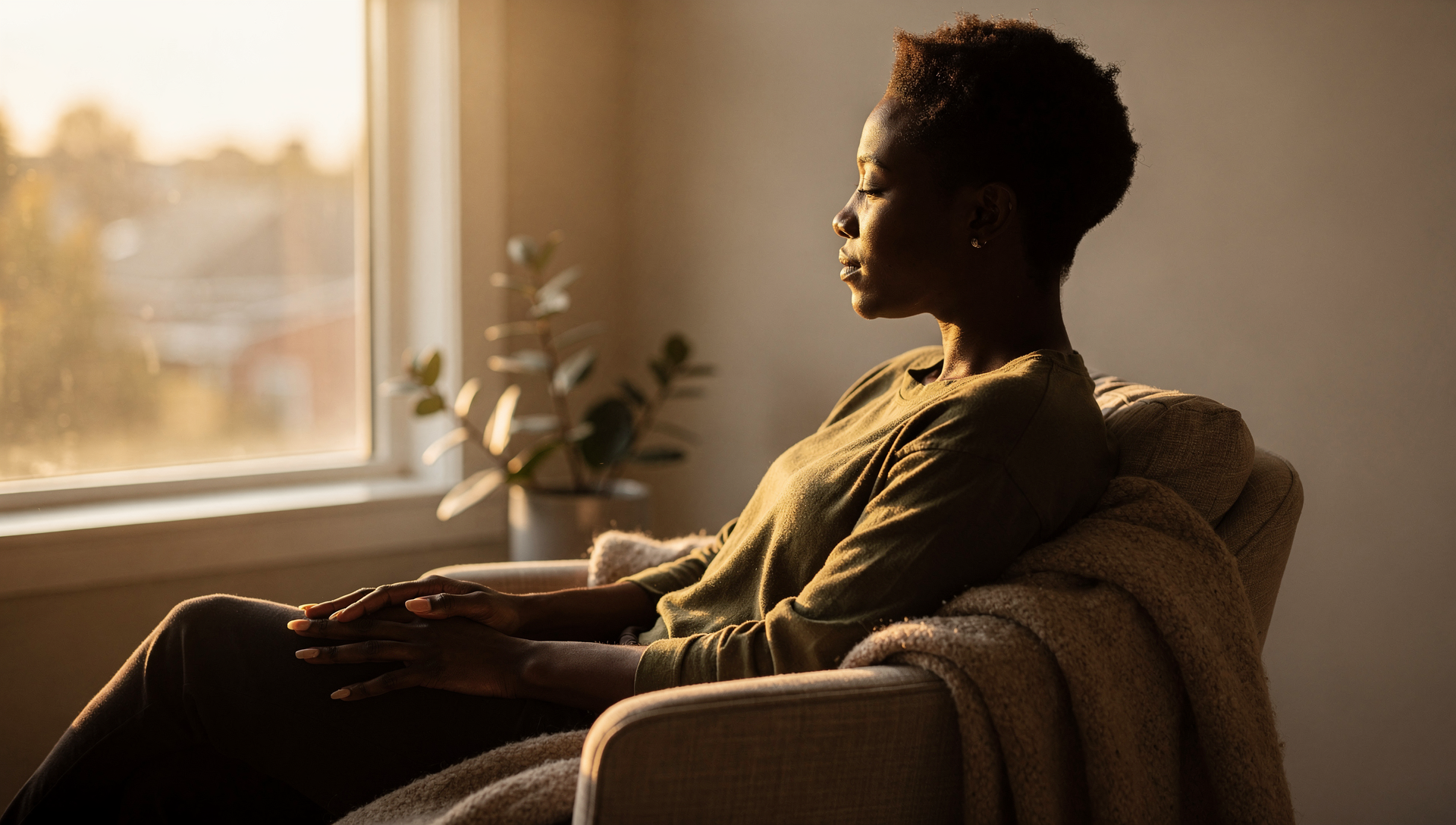 A Black person seated near a window in warm golden light, breathing slowly.