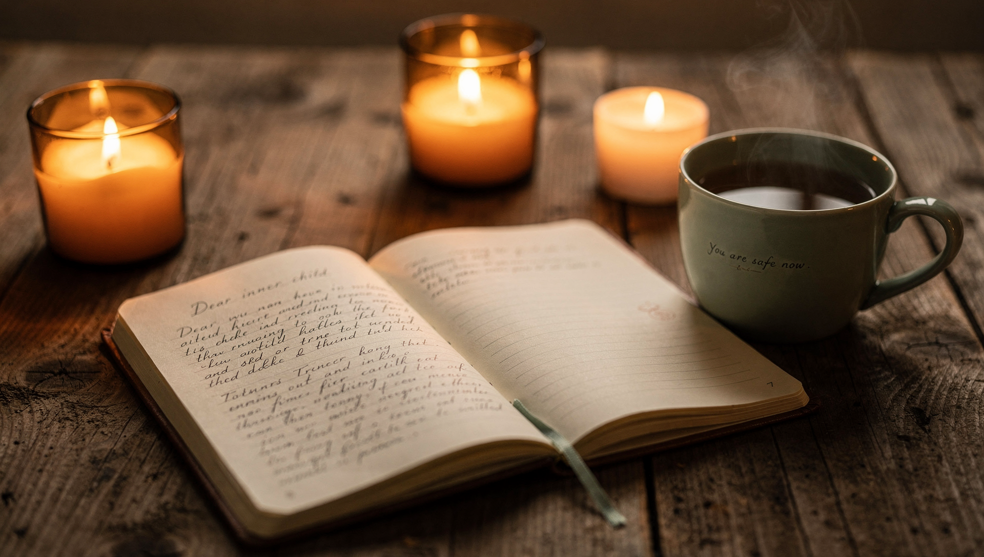 A softly lit scene with candlelight, an open journal, and a warm cup of tea on a wooden surface.