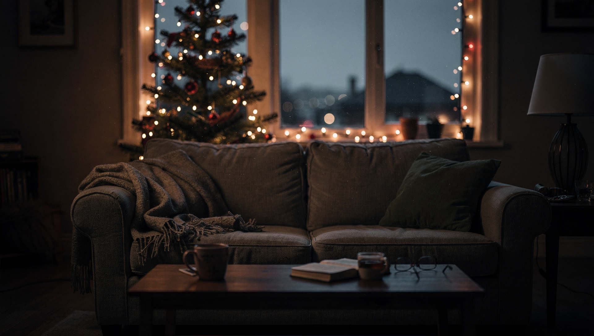 A gently lit living room with soft holiday lights glowing in the background, creating a warm but slightly heavy atmosphere that reflects the emotional weight many people feel during the holiday season.