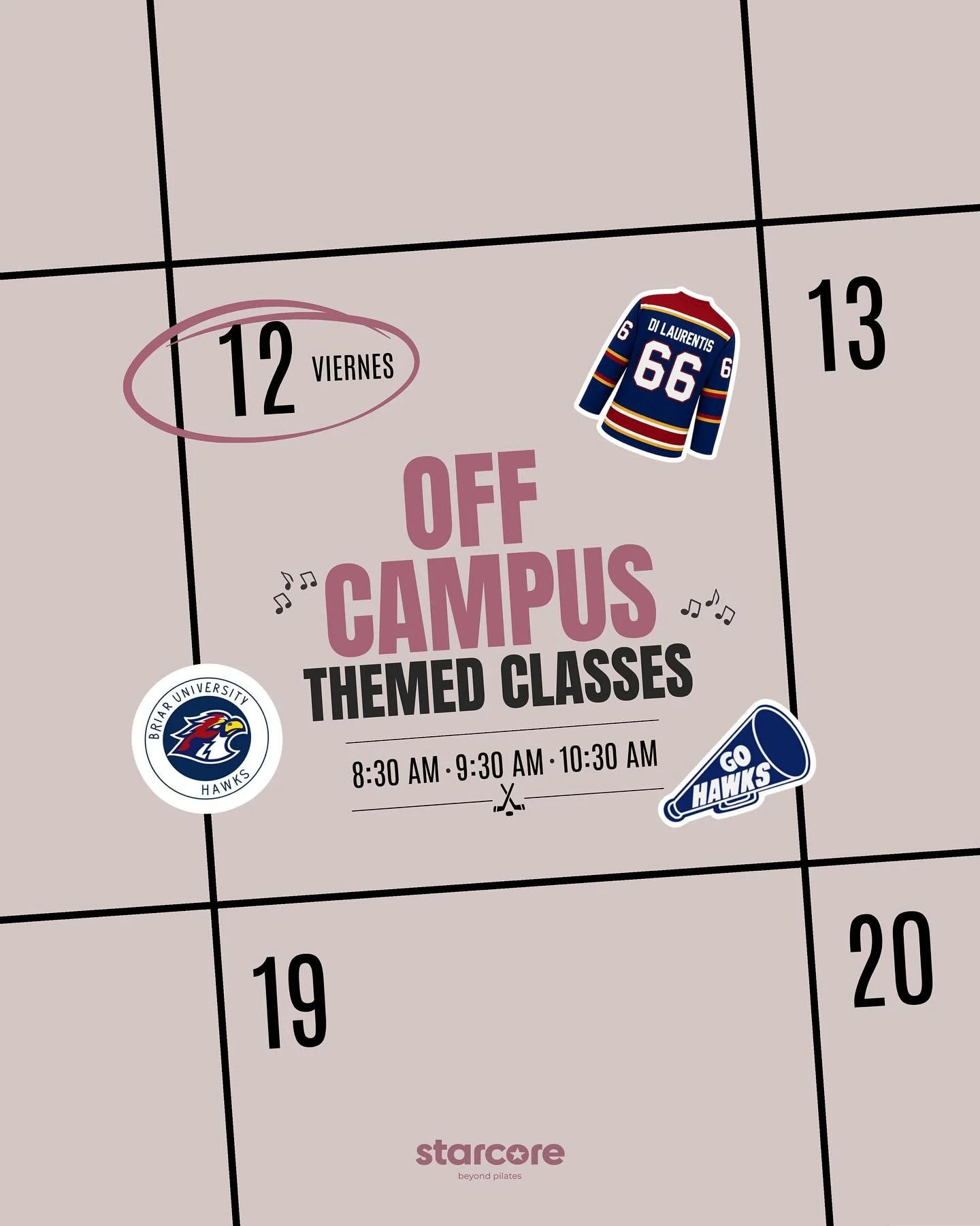 🏒 OFF CAMPUS CLASSES @ Starcore 🏒

Este viernes llegan nuestras themed classes del mes!  Hockey vibes con una playlist inspirada en nuestra serie favorita del momento 🏒🥅🎶

📅 12 de septiembre
⏰ 8:30 AM &bull; 9:30 AM &bull; 10:30 AM

Team colors