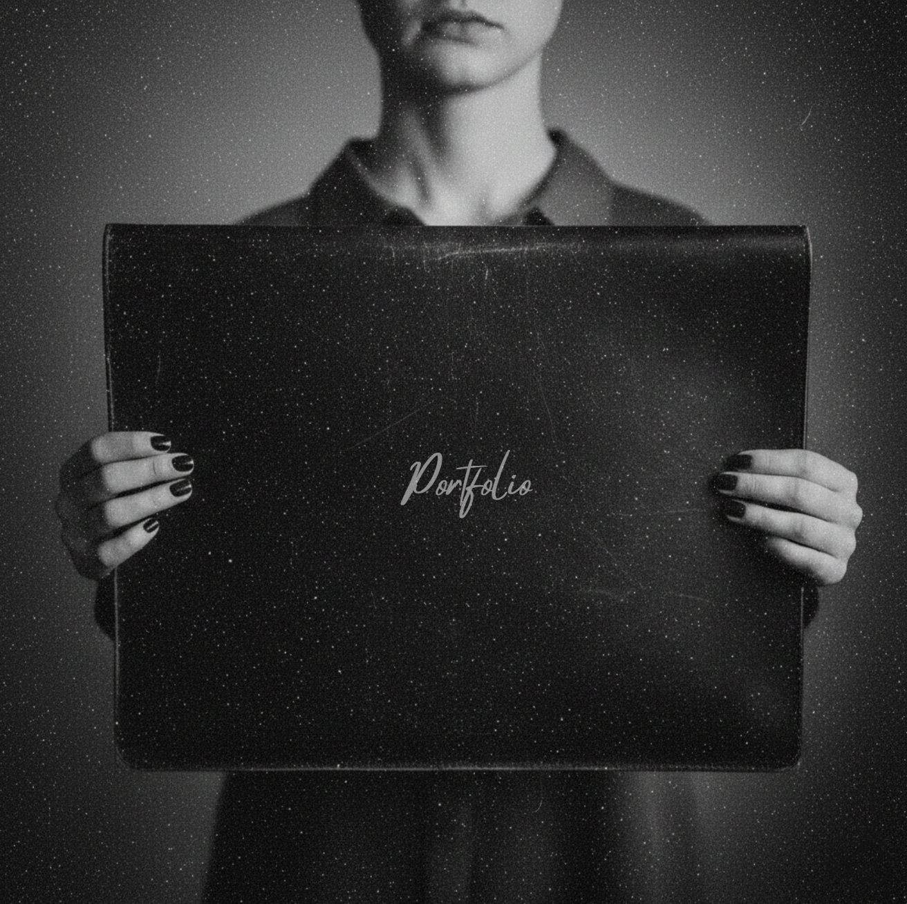 A person holding a closed notebook labeled 'Portfolio' in front of them in a black-and-white photo.