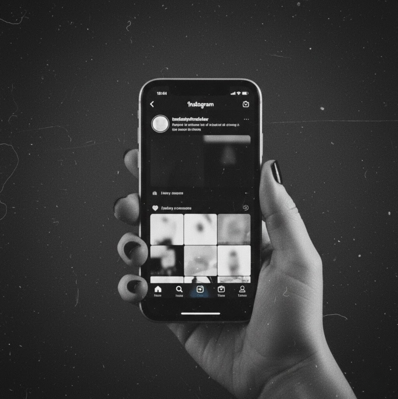 A person holding a smartphone displaying an Instagram profile with blurred images.