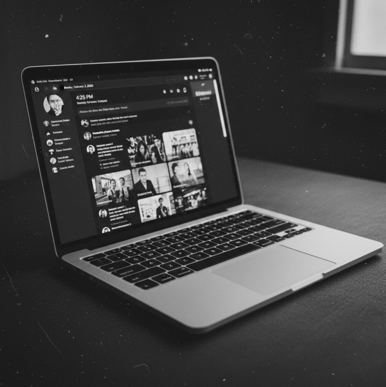 A black-and-white photo of an open MacBook Pro laptop on a dark surface, displaying a social media feed on its screen.