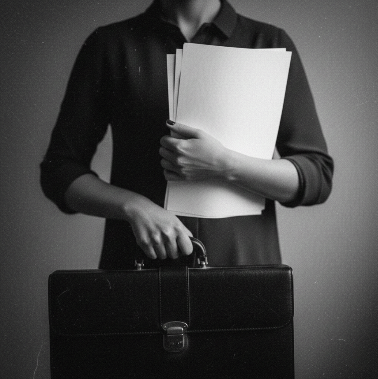 A person in professional attire holding a briefcase, with a stack of papers or folders against their chest, in a black and white photo.