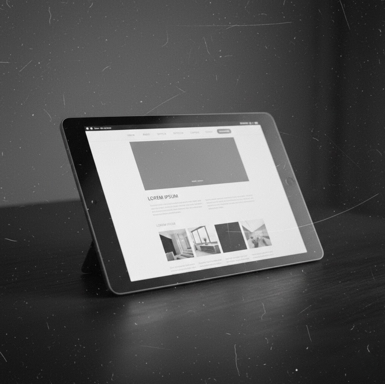 A tablet displaying a website with the headline 'Lorem Ipsum', placed on a dark surface with a dark background.
