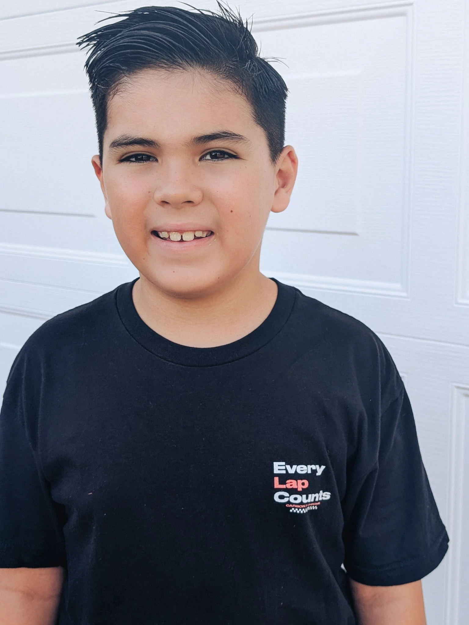 Carbon x Chrome Every Lap Counts racing t-shirt front graphic on premium motorsports apparel