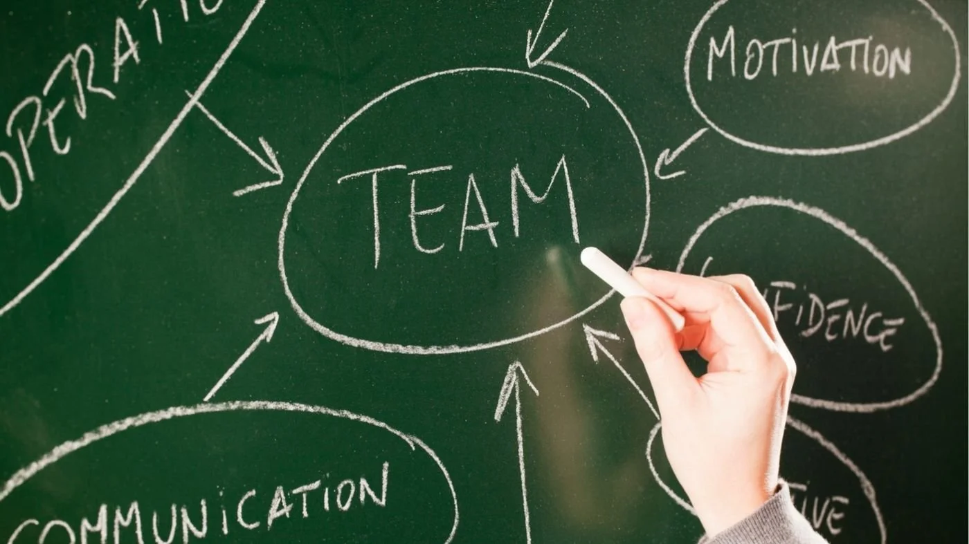 A chalkboard diagram of teamwork in a trust building exercise.