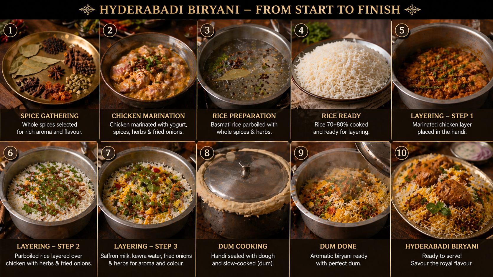 Step-by-step process of making Hyderabadi Biryani, starting with spice gathering, chicken marination, rice preparation, layering the parboiled rice and marinated chicken, and finishing with dum cooking and serving.