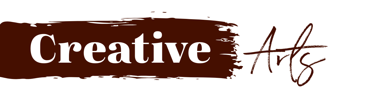 Logo with the word 'Creative' in large white letters on a brown paintbrush stroke background, and 'Arts' written in brown cursive on a black background.