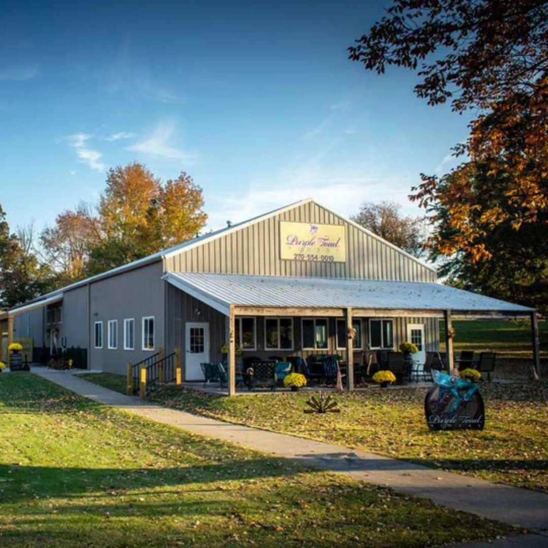 A large commercial building with a sign reading 'Purple Heart' and a phone number, featuring a metal roof and a front porch with chairs, surrounded by fall trees and a well-maintained lawn.