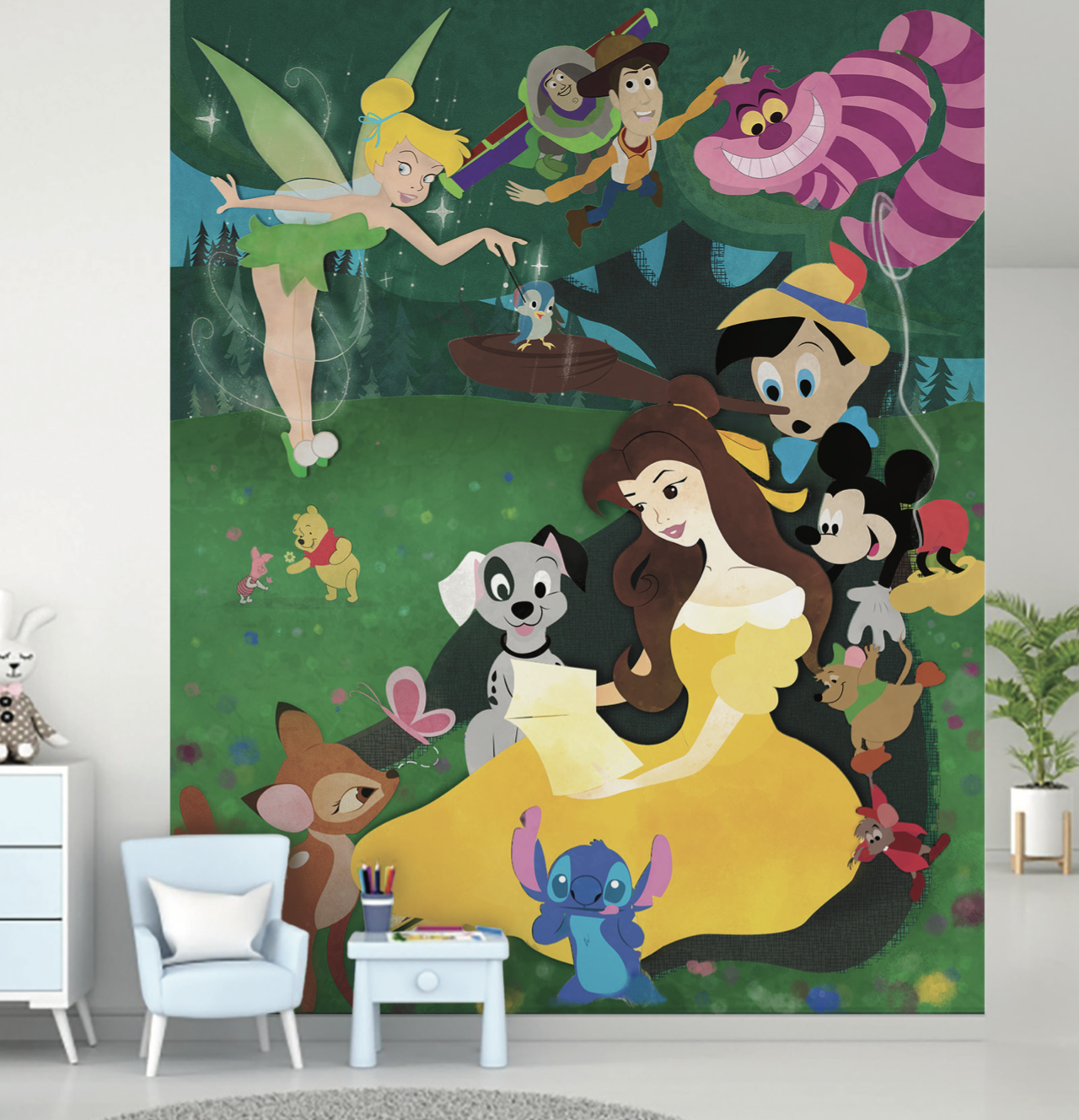 Colorful illustration featuring characters from Disney's Tangled, Peter Pan, and Stitch, with a forest background and various animals and fantasy elements.