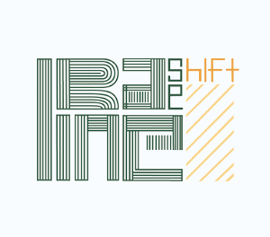 A geometric design with green and orange lines forming the words magazine name 'Baseline shift' in a stylized, blocky font