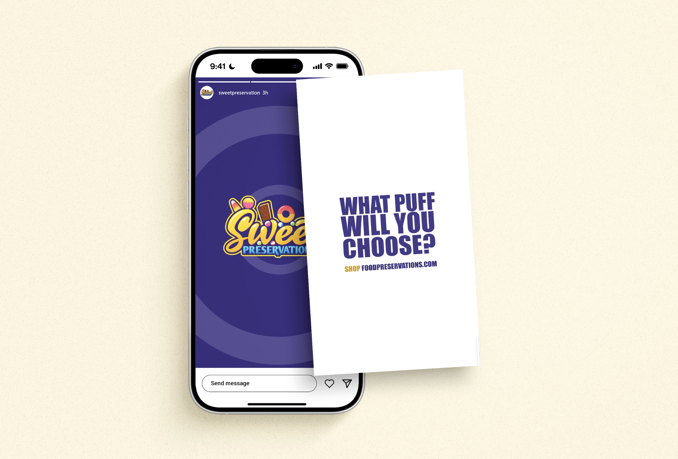 A smartphone displaying the Sweet Preservation brand logo on its screen, partially covered by a white card with purple text asking, "What puff will you choose?" and a link to shop at foodpreservations.com.