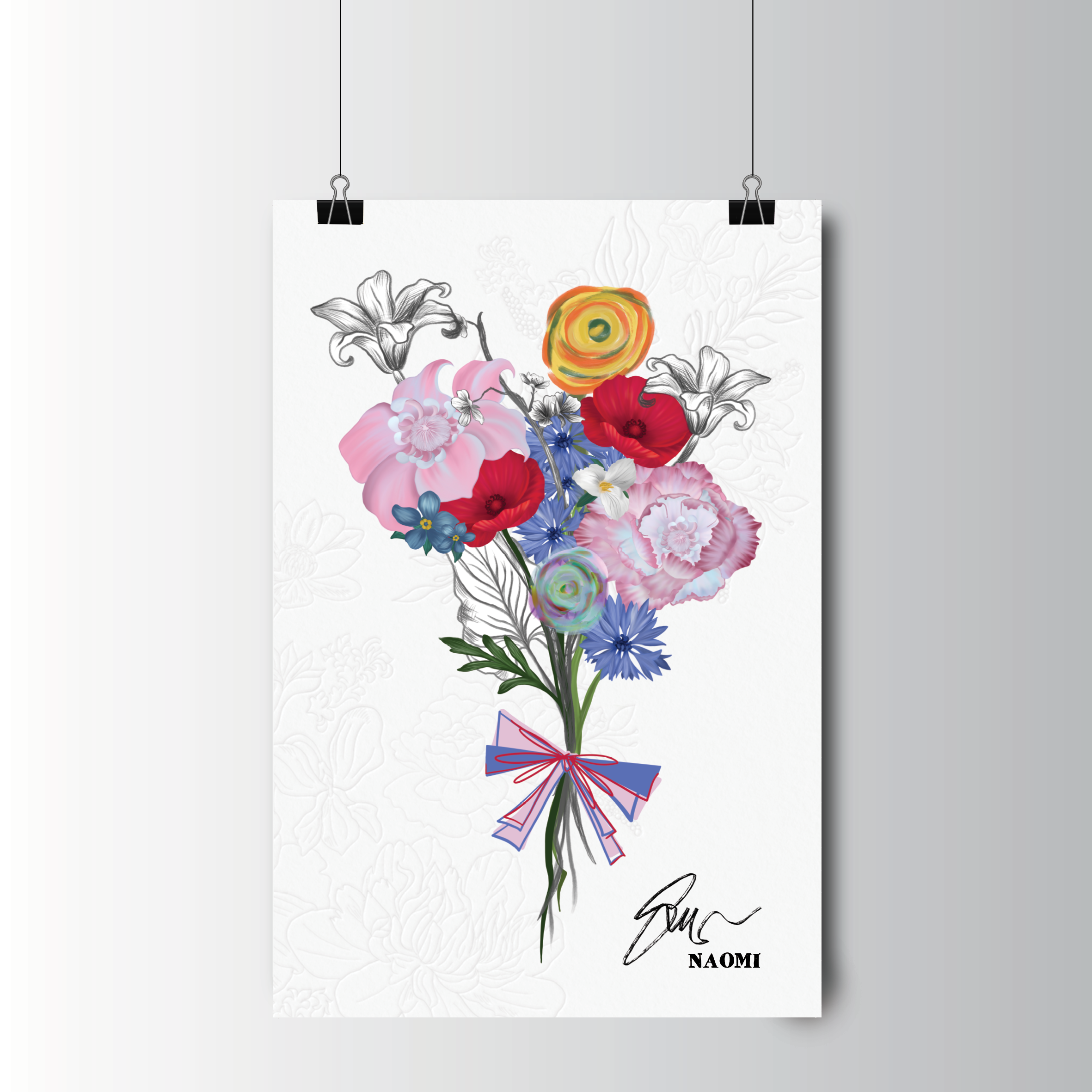 A bouquet of various colorful flowers, some illustrated in black and white and some in vibrant colors, tied with a red and blue ribbon, with a signature and the name Naomi at the bottom.