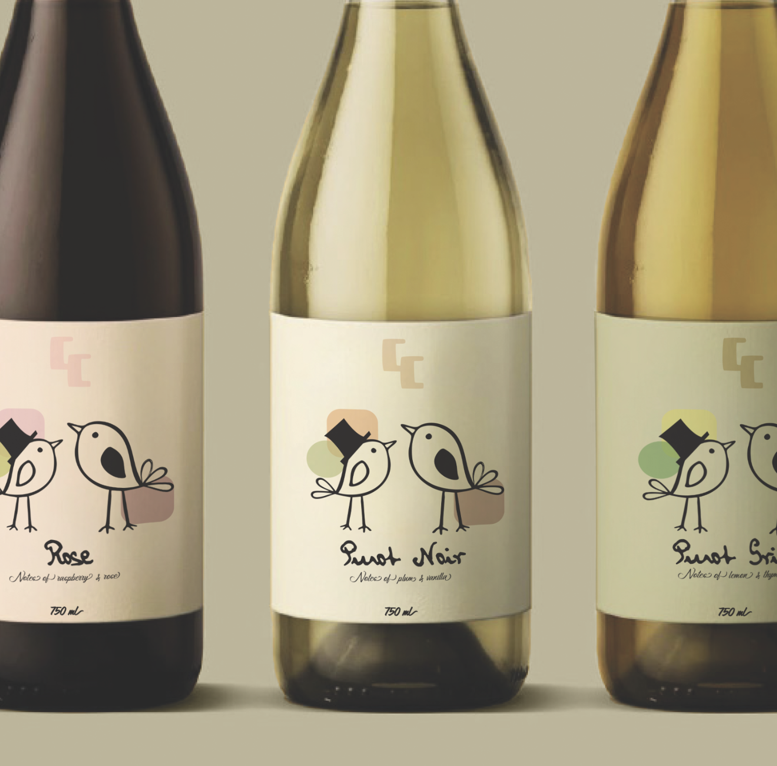 Three bottles of flavored syrup with whimsical bird illustrations and labels reading 'Rose,' 'Pink Noir,' and 'Pink Spirit,' each containing 750 ml.