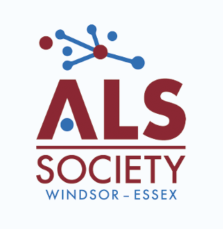 Logo for ALS Society Windsor-Essex, featuring a stylized molecular brain neuron structure in blue with red nodes, and the text 'ALS Society Windsor-Essex' in bold red and blue fonts.