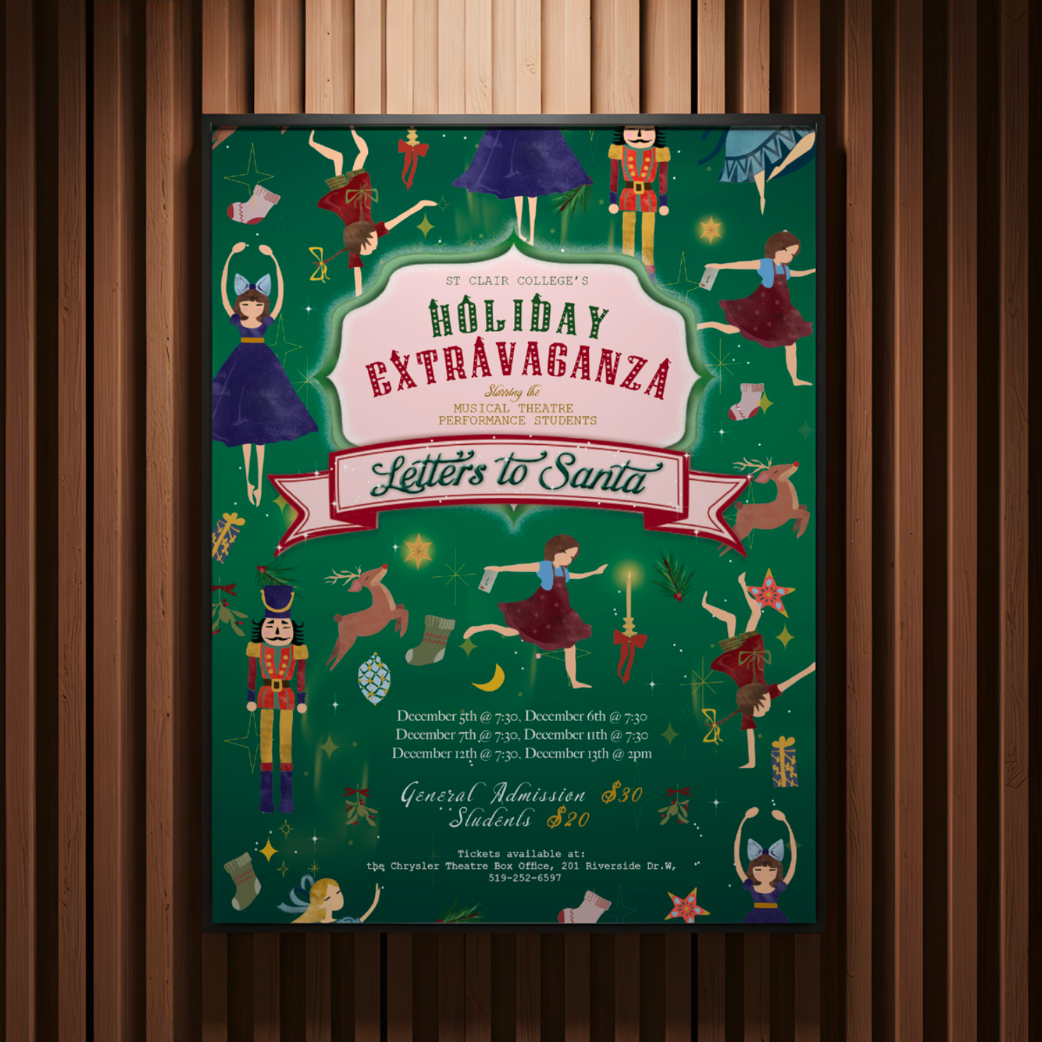 Festive holiday poster for St. Clair College's holiday extravaganza titled "Letter's to Santa," featuring illustrations of dancers, nutcrackers, reindeer, and Christmas-themed decorations, with performance dates and ticket information.