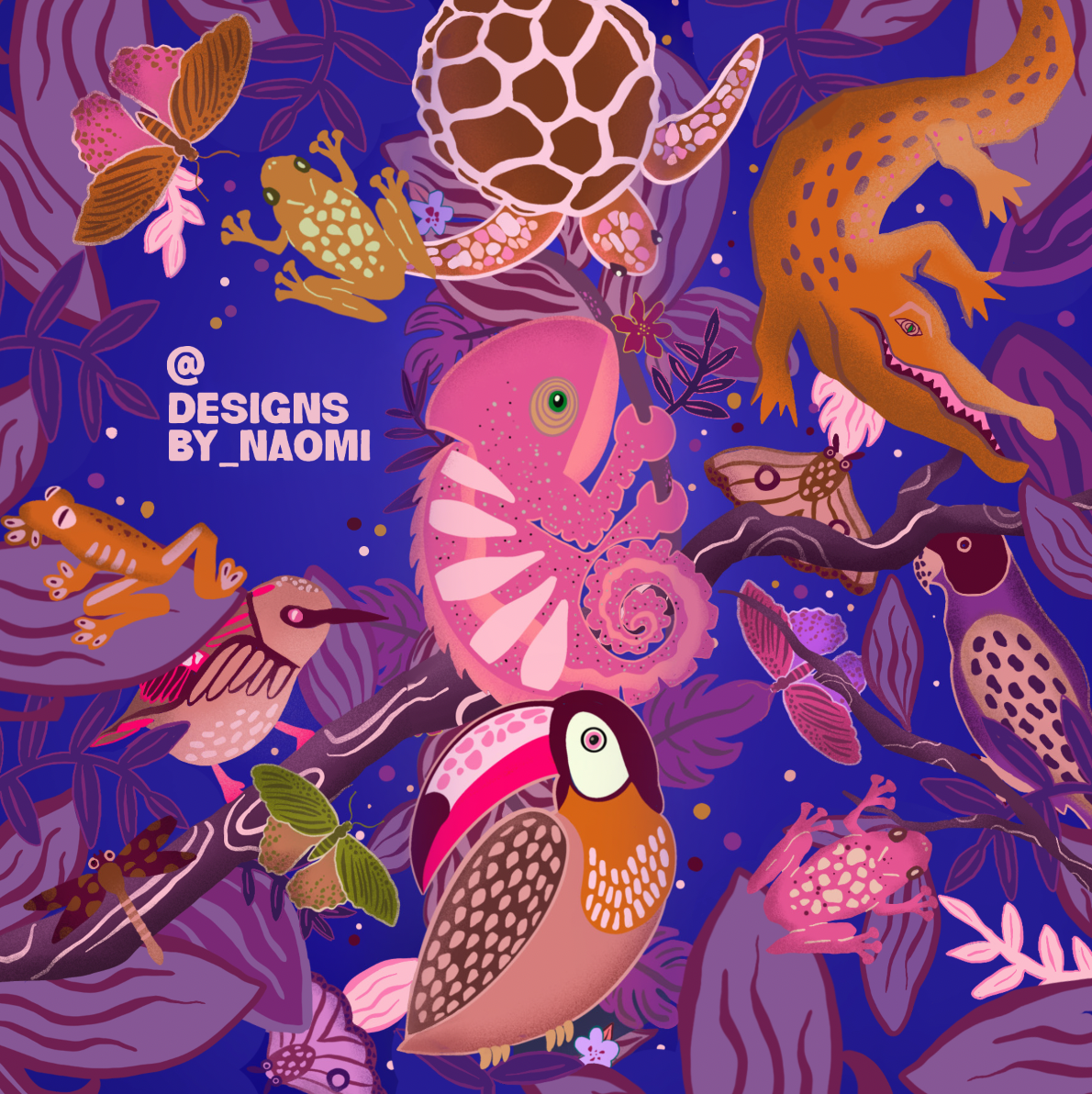 Colorful illustration of various animals including frogs, a toucan, a chameleon, a crocodile, a butterfly, and a bird, surrounded by purple and pink jungle foliage, with the text '@DESIGNS BY_NAOMI' on the left side.