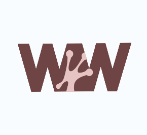 Logo with large brown letters 'W' and 'W' separated by a frog paw print in the center, using gestalt principles to spell out WOW