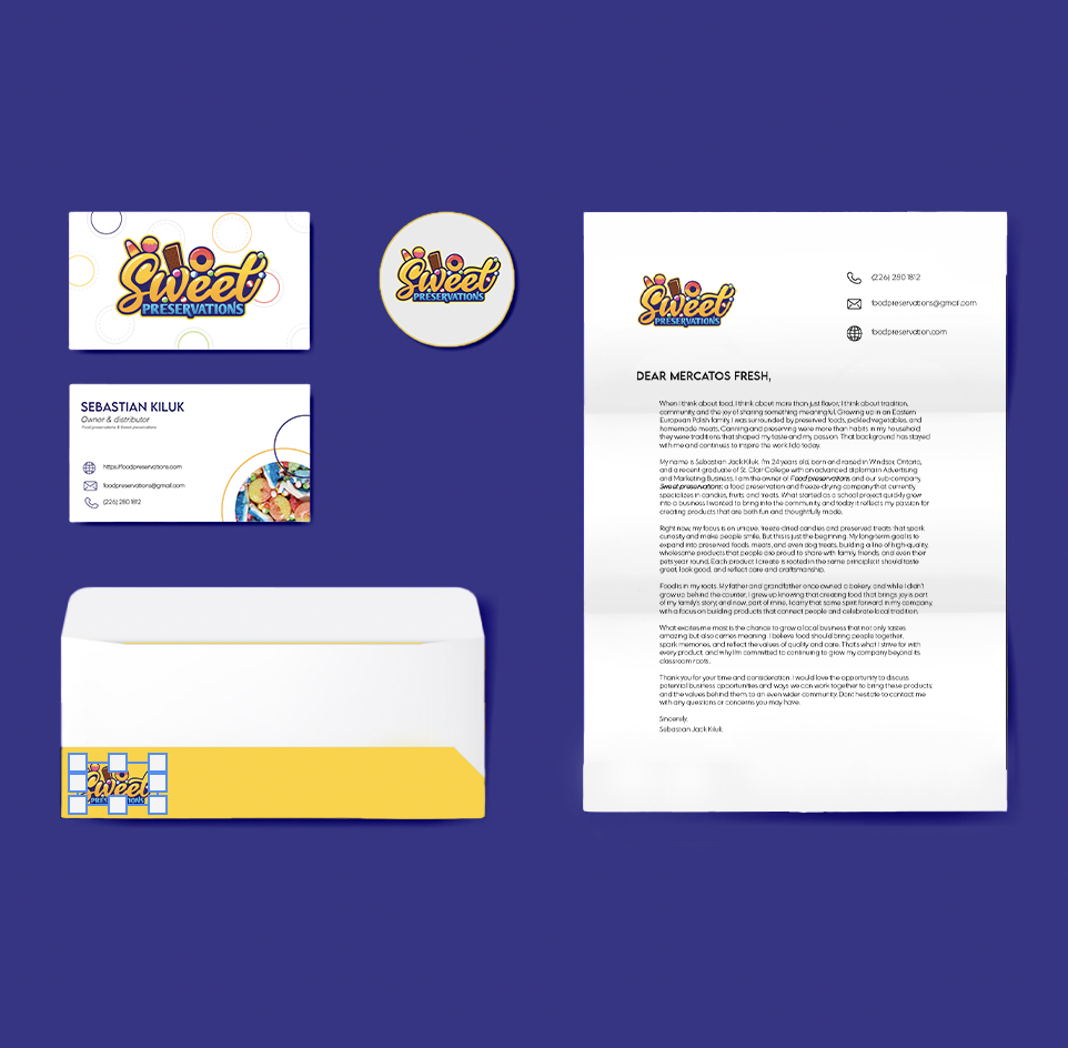 Branded business stationery including a business card, a letterhead, a door hanger, a business envelope, a circular logo, and a website icon for 'Sweet Preservations', featuring colorful circular and square patterns and a logo with the word 'Sweet' i