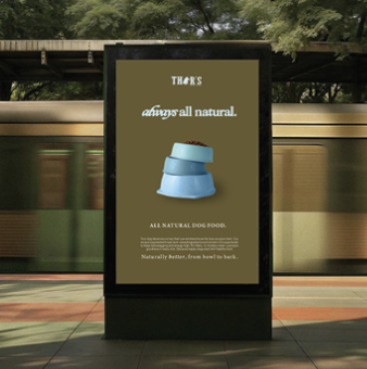 Digital billboard advertisement for Thera dog food with a blue dog food bowl and text promoting natural ingredients.