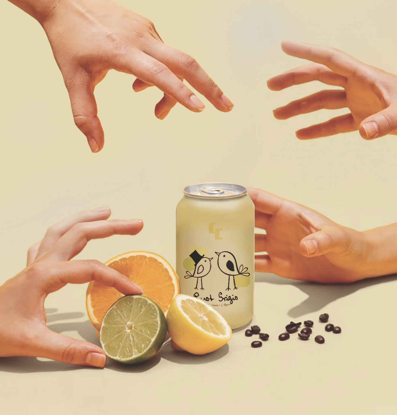 Hands reaching towards a canned beverage with a cartoon bird on the label, surrounded by slices of orange, lemon, and lime, with coffee beans scattered on the surface.