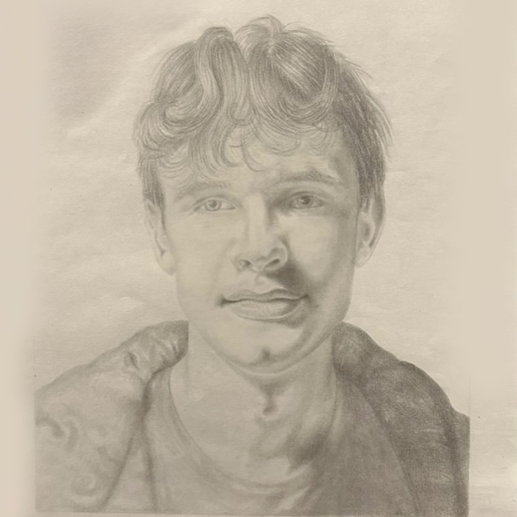 A detailed pencil sketch of a young man with wavy hair, looking slightly to the side, wearing a jacket over a shirt.