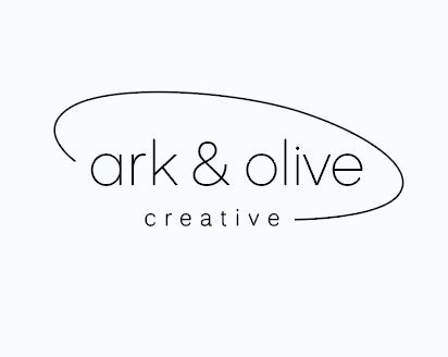 Logo for 'ark & olive creative' with stylized text and a swooping line