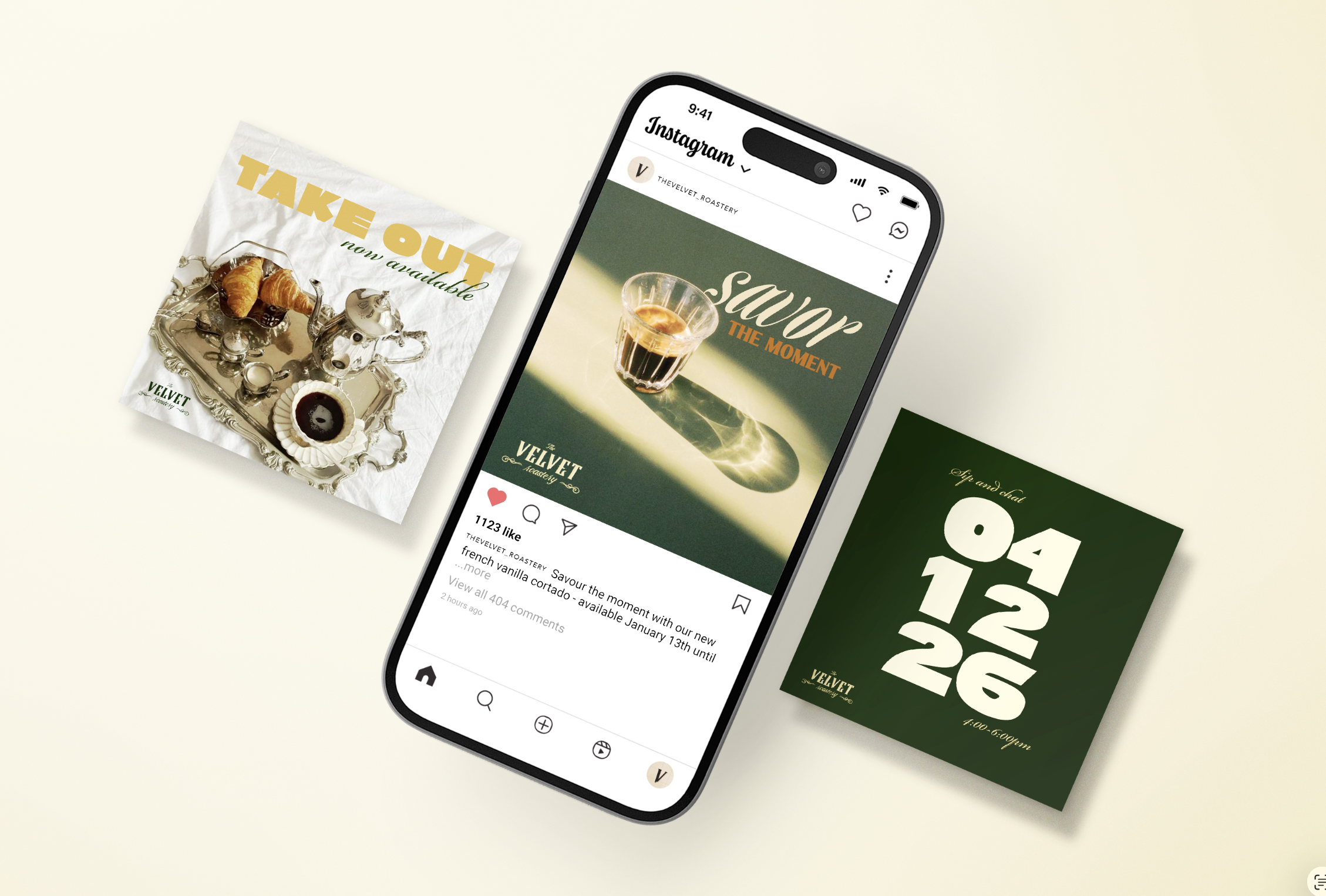 An Instagram post on a smartphone surrounded by promotional posters for Velvet Roastery, displaying coffee and date information.