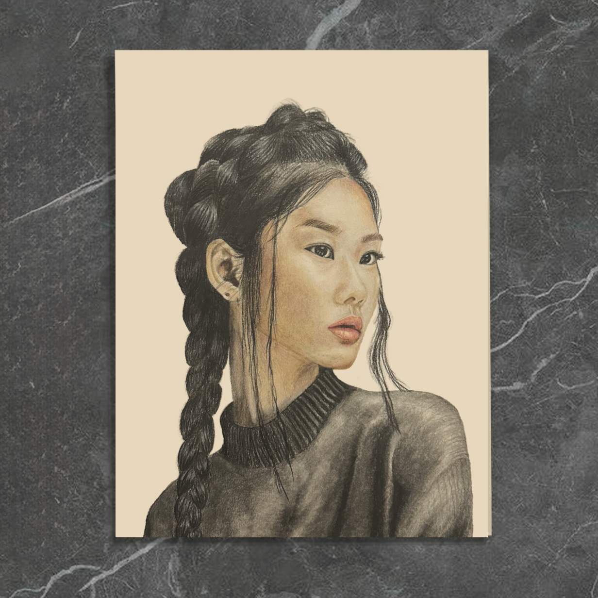 Colorful portrait of a young Asian woman with braided hair, wearing a dark sweater, in a realistic art style.
