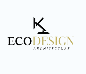 ECO DESIGN Architecture logo with a stylized letter 'K' symbol forming a house icon