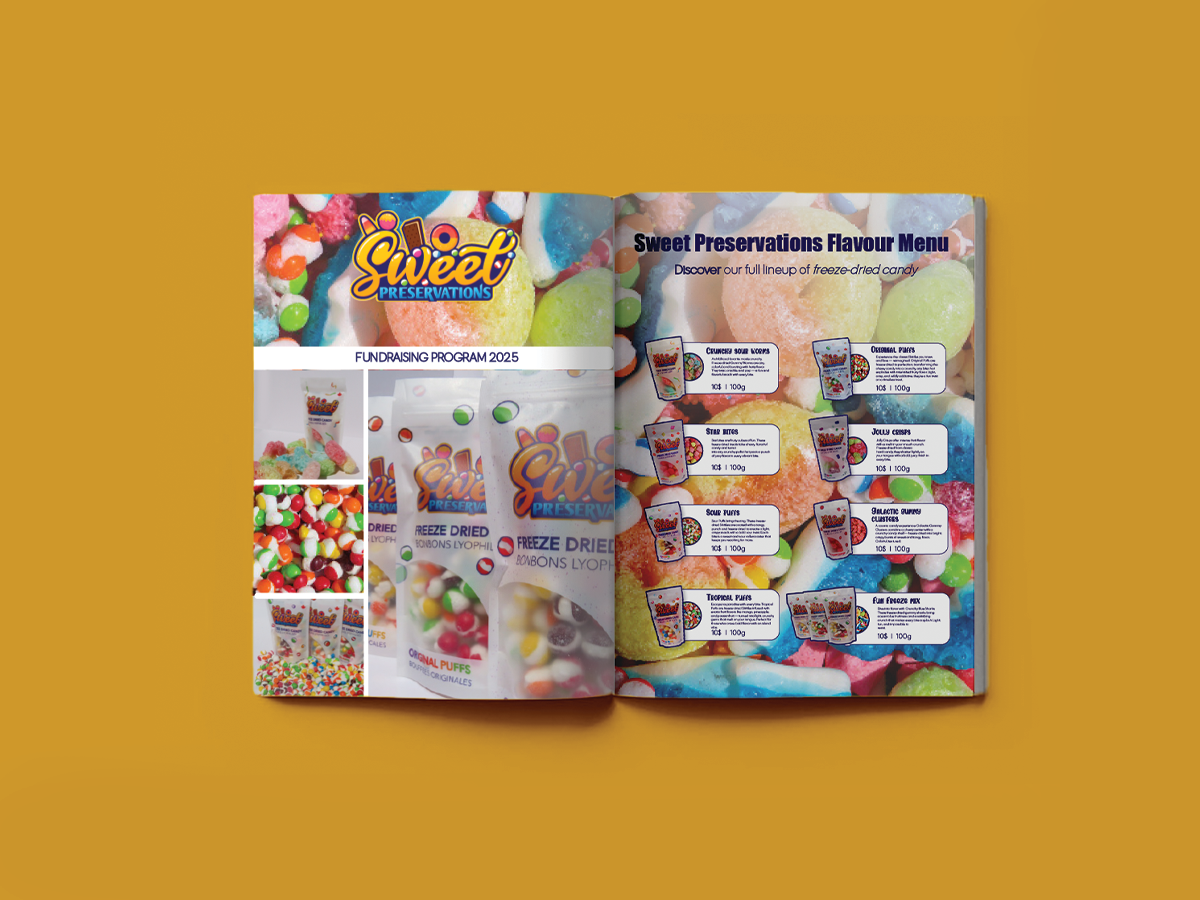 Open magazine featuring colorful gummy candies and a menu of freeze-dried candy flavors for fundraising.