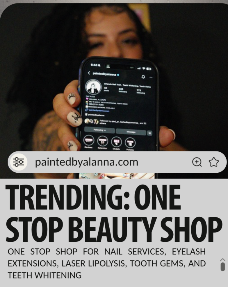 Poster advertising a beauty shop called One Stop Shop for nail services, eyelash extensions, laser lipolysis, tooth gems, and teeth whitening with a person holding a phone showing the shop's Instagram profile in the background.