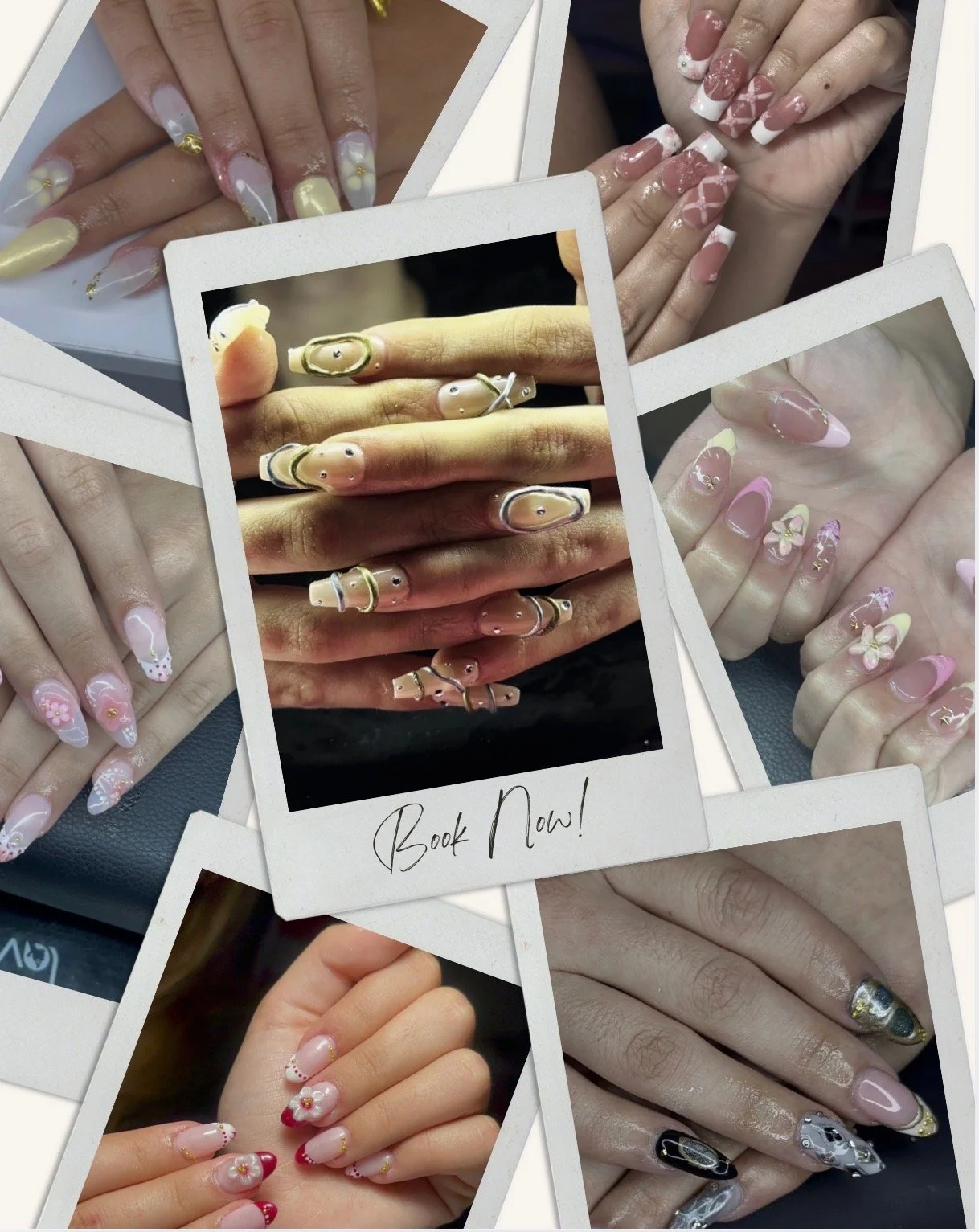 Collection of various elaborately decorated nail designs on multiple hands, featuring flowers, abstract art, and metallic accents.