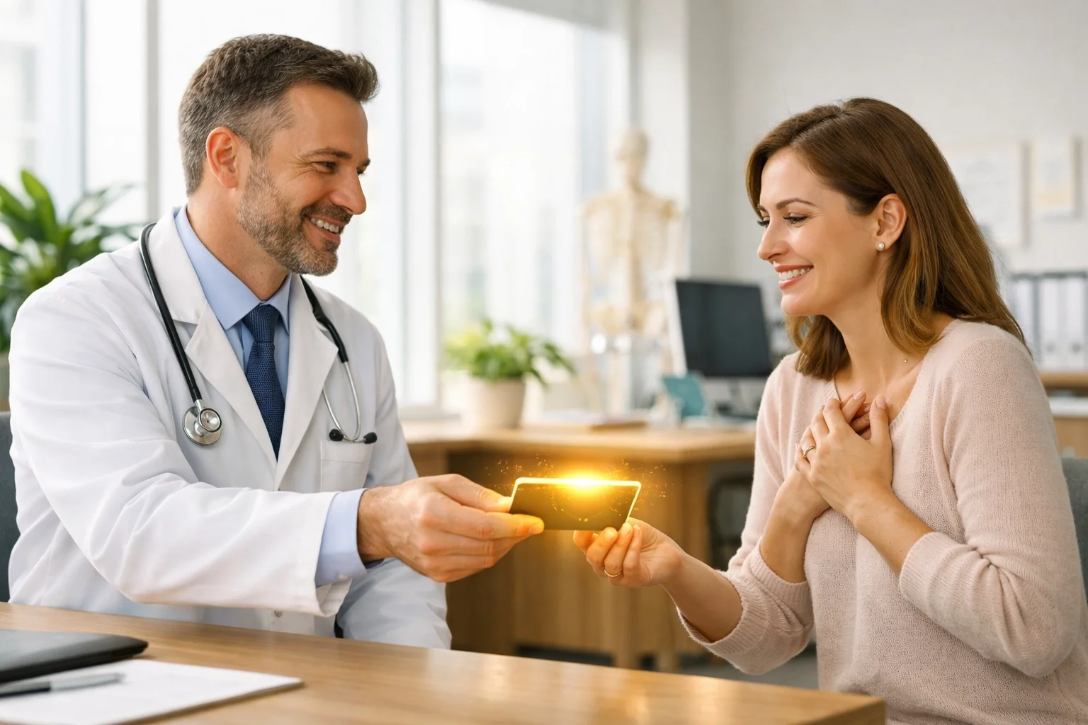 Doctor in a professional hero lab coat offering affordable patient financing options for medical procedures and medical payment plans for elective procedures to a patient.