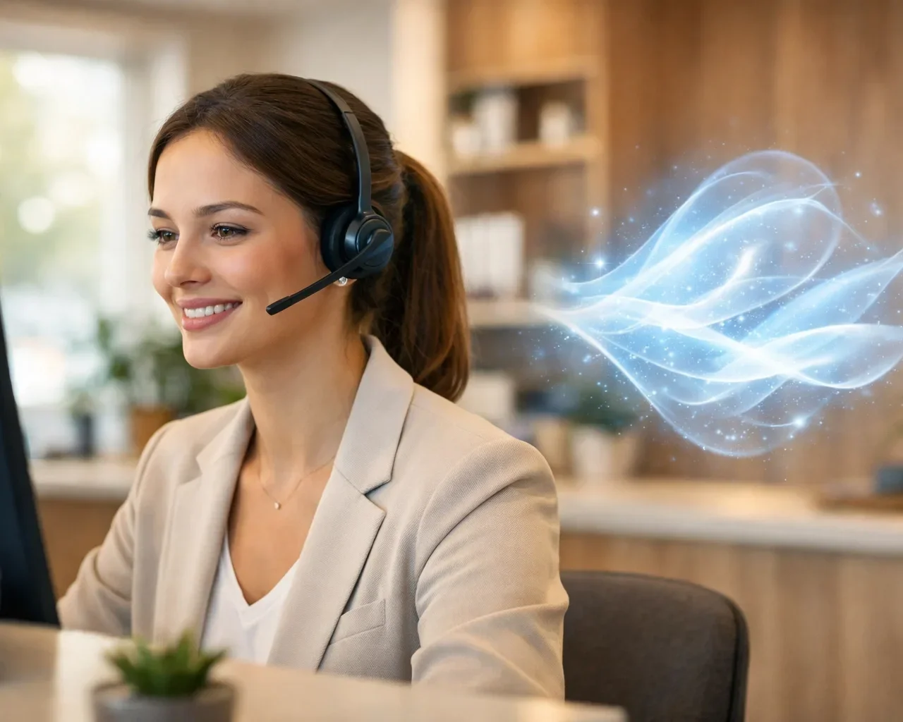 Medical receptionist with a glowing AI hologram representing an AI phone receptionist for small medical practices and an automated answering service for home improvement businesses.